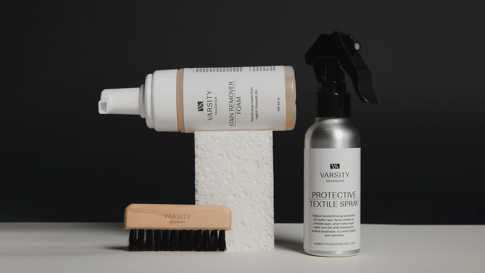 Front view of cap care products from varsity headwear