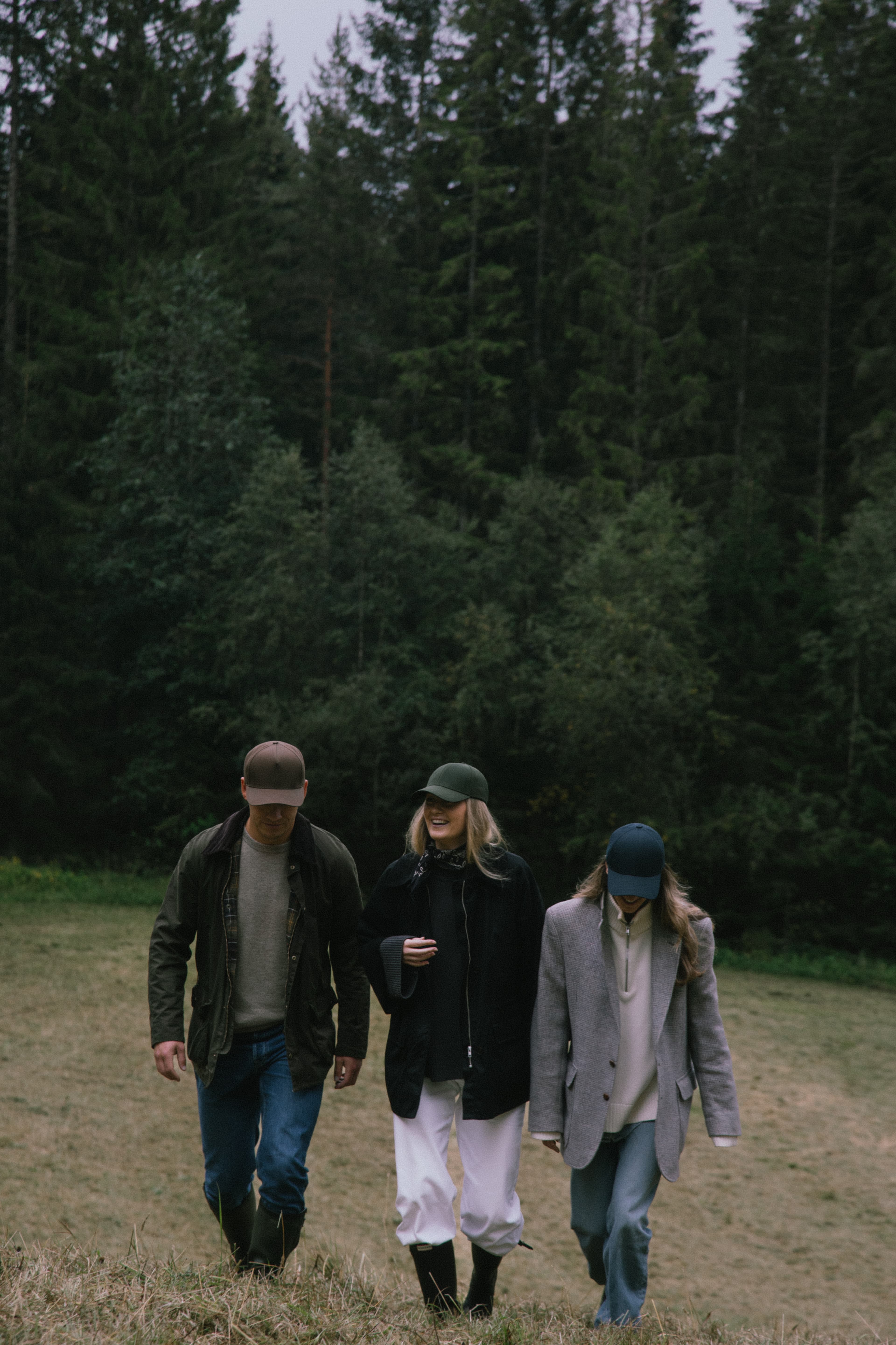 Friends wearing Varsity Headwear Ventile Cotton caps in the woods in Norway