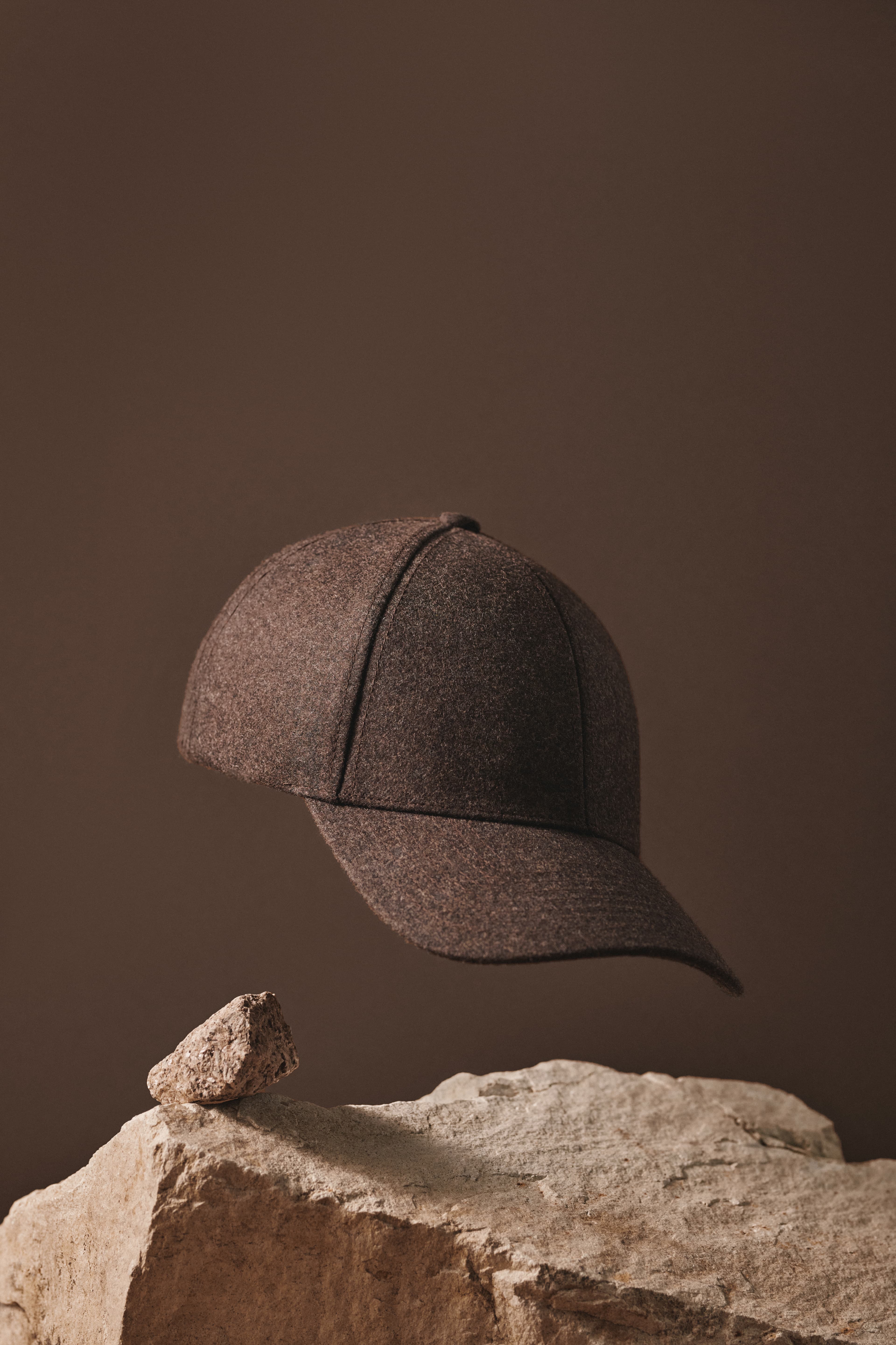Front view and studio image of walnut brown wool cap