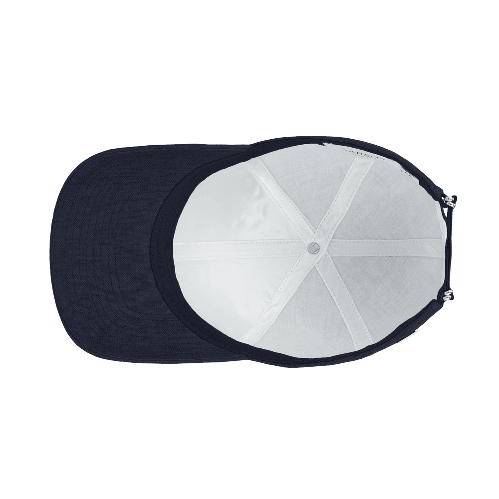 Inside view of a Varsity Headwear legacy structured deep sea navy baseball cap in Italian Linen
