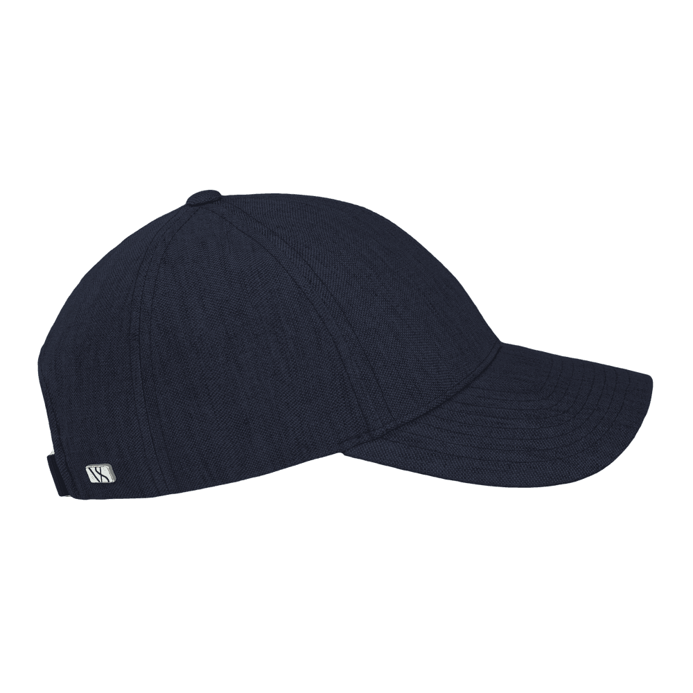 Side view of a deep sea navy legacy structured baseball cap in Italian linen from Varsity Headwear