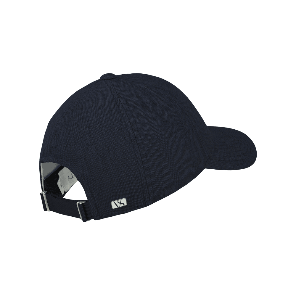 Back view of a Varsity Headwear legacy structured baseball cap in Italian Linen, shown in color deep sea navy