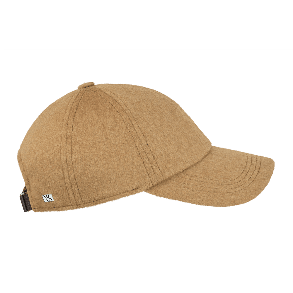 Side view of a legacy soft brown camel hair cap from varsity headwear