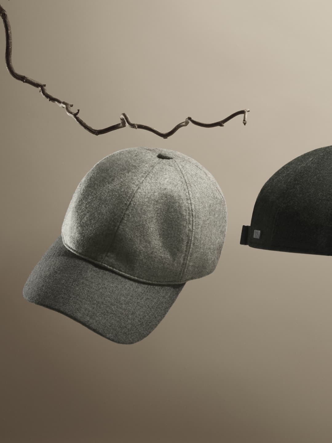 Front view of dual wool caps in taupe brown and umber beige from varsity headwear